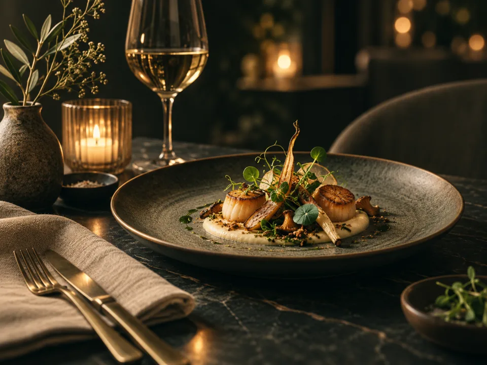 Fiktive Restaurantszene mit angerichtetem Teller, Weinglas und Kerzenschein.
