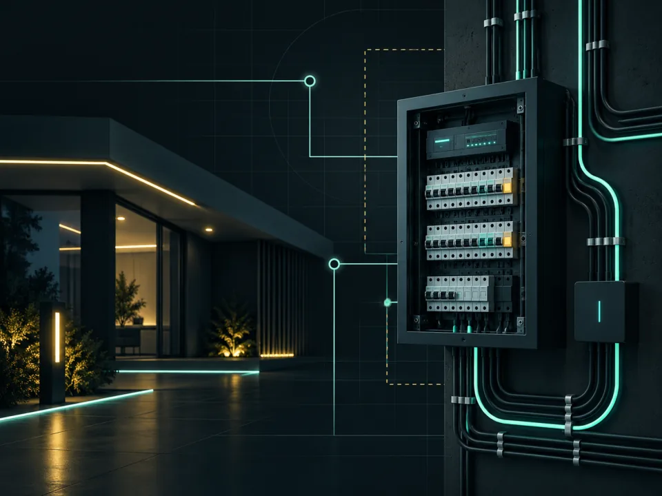 Fiktive Elektrotechnik-Szene mit beleuchteter Architektur, Leitungen und einer Schaltverteilung.
